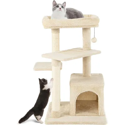 Giantex Arbre à Chat 85cm en Peluche à 4 Niveaux, Jouet Suspendu, Perchoir