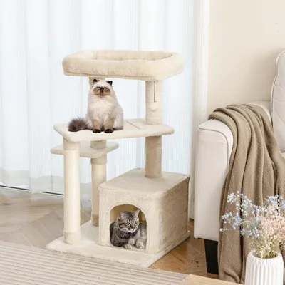 Giantex Arbre à Chat 85cm en Peluche à 4 Niveaux, Jouet Suspendu, Perchoir