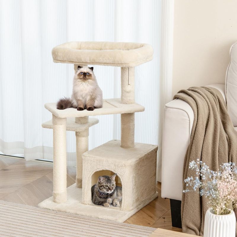 Giantex Arbre à Chat 85cm en Peluche à 4 Niveaux, Jouet Suspendu, Perchoir