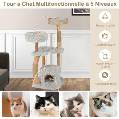 Giantex Arbre à Chat 5 Niveaux Bois Massif, Plateforme,2 Griffoirs en Jute
