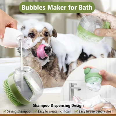 Brosse de bain pour chien avec distributeur de savon