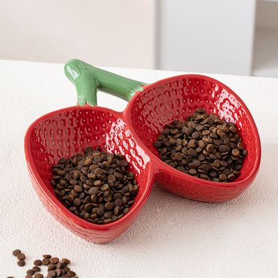 Gamelle double en céramique pour chat, motif fraise