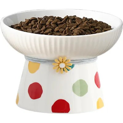 Gamelle inclinée surélevée en céramique pour chat (Pois colorés)