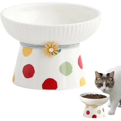 Gamelle inclinée surélevée en céramique pour chat (Pois colorés)