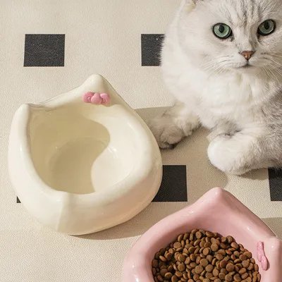 Gamelle en céramique pour chat - Motif tête de chat avec nœud