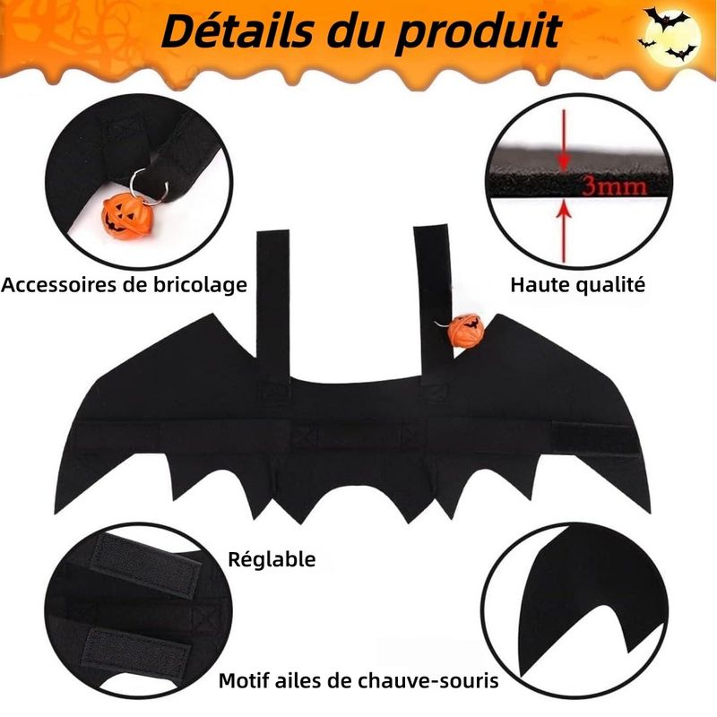 Costume Halloween Chauve-souris Pour Chat/chien - Ailes En Feutre Noir, Réglable - Déguisement Mignon Et Confortable - 8