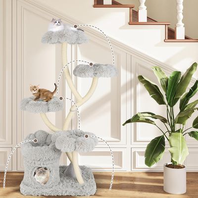Giantex Arbre à Chat Design Incurvé : Griffoir Sisal, 4 Plates-Formes Fleur