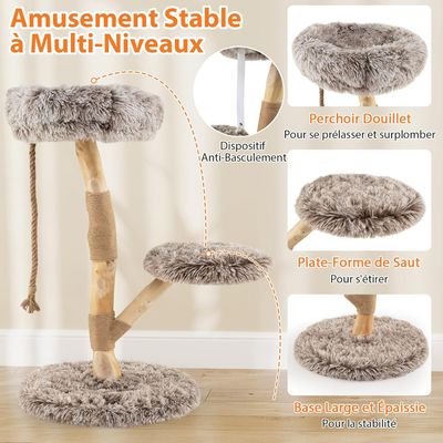 Arbre à chat : tour multi - niveaux, poteaux à gratter, corde, plateforme.