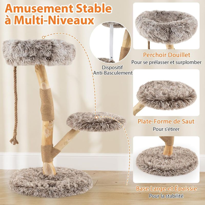 Arbre à chat : tour multi - niveaux, poteaux à gratter, corde, plateforme.