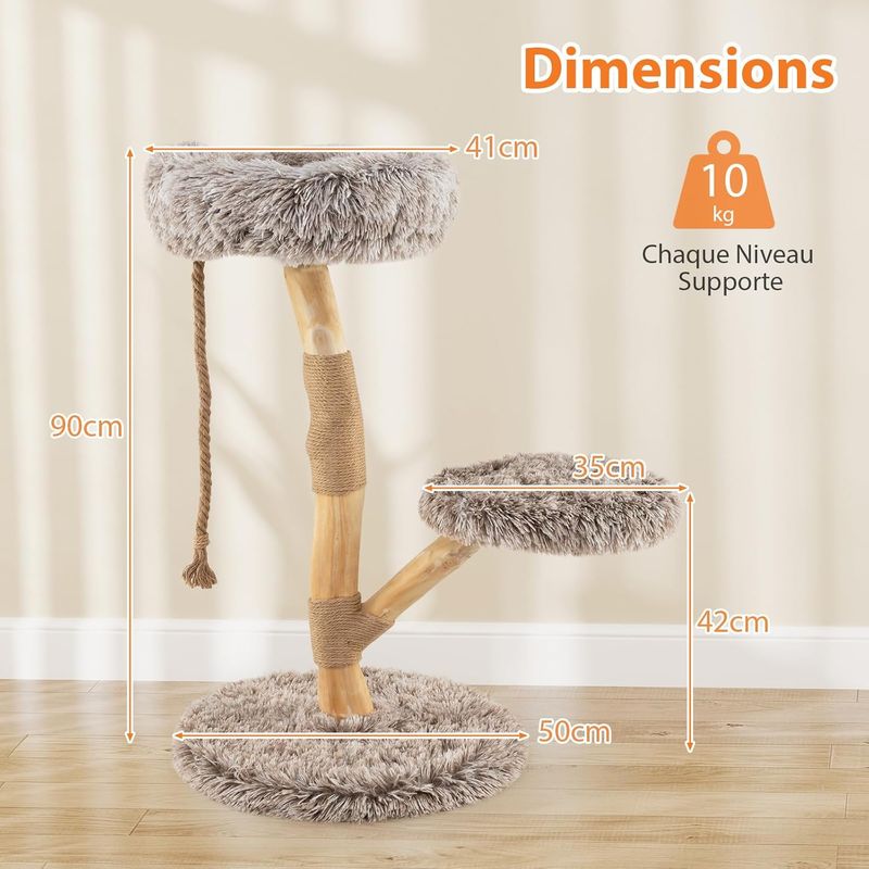 Arbre à chat : tour multi - niveaux, poteaux à gratter, corde, plateforme.