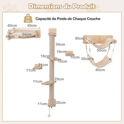 Giantex Arbre à Chat Intérieur,2 Hamacs, Poteaux Jute, Étagères Murales
