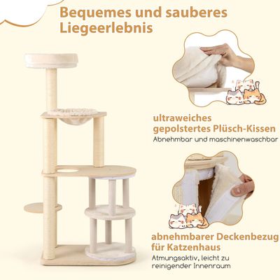 Giantex Mehrstöckiger Holz-Katzenbaum Mit Haus Hängematte Und Sisal-Säulen