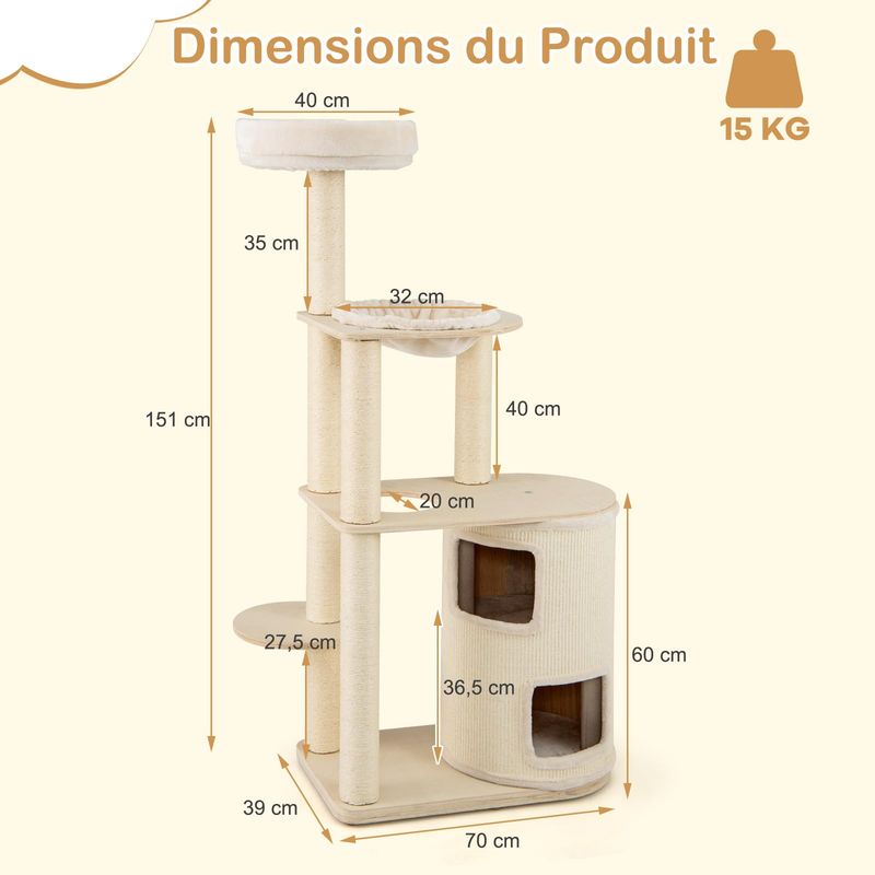 Giantex Arbre à chat 151cm,Double Nid, Perchoir, Hamac, Griffoirs en Sisal