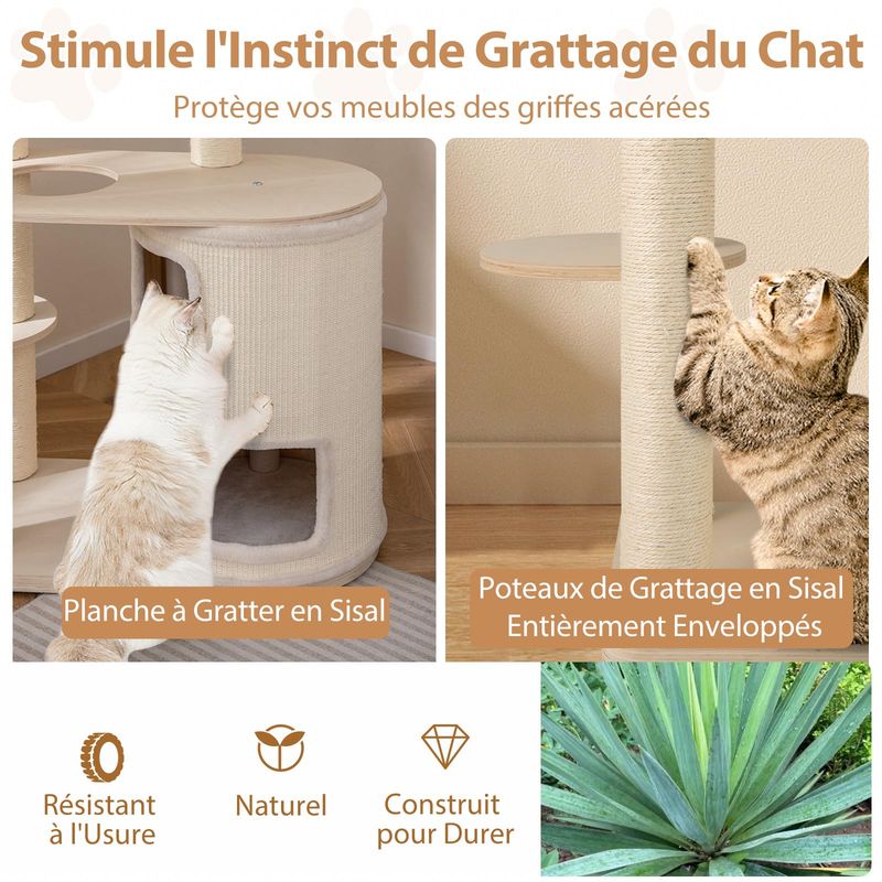 Giantex Arbre à chat 151cm,Double Nid, Perchoir, Hamac, Griffoirs en Sisal