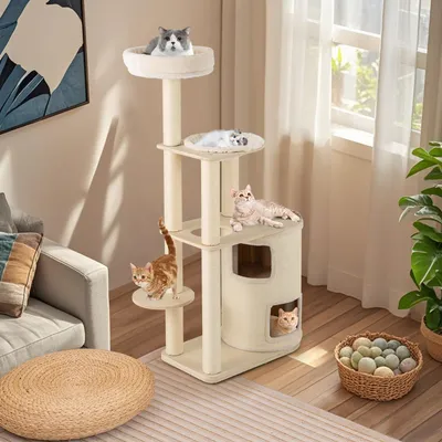 Giantex Mehrstöckiger Holz-Katzenbaum Mit Haus Hängematte Und Sisal-Säulen Giantex Mehrstöckiger Holz-Katzenbaum Mit Haus Hängematte Und Sisal-Säulen