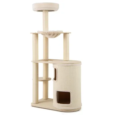 Giantex Mehrstöckiger Holz-Katzenbaum Mit Haus Hängematte Und Sisal-Säulen