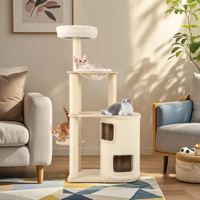 Giantex Mehrstöckiger Holz-Katzenbaum Mit Haus Hängematte Und Sisal-Säulen Giantex Mehrstöckiger Holz-Katzenbaum Mit Haus Hängematte Und Sisal-Säulen