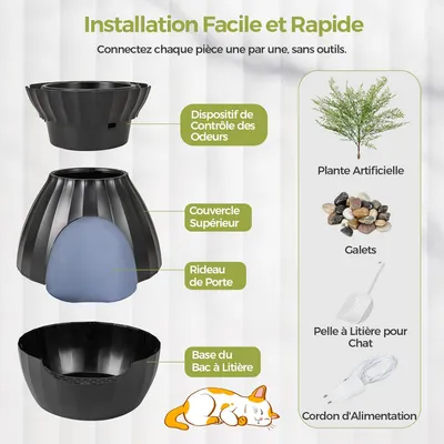 Giantex Bac à Litière pour Chat 63L,Fausse Plante, Galets