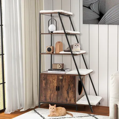 Giantex Arbre à Chat Étagère, Bac Litière Inclus, Tapis Lavable