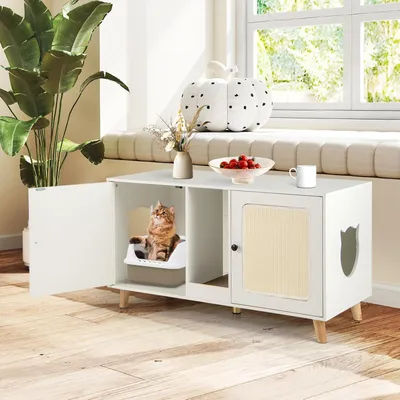 Giantex Meuble Litière Chat en Bois,47.5 cm avec Plateau, avec Cabinets