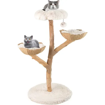 Giantex Arbre a Chat Bois massif, 2 paniers en rotin, boule suspendue Giantex Arbre a Chat Bois massif, 2 paniers en rotin, boule suspendue