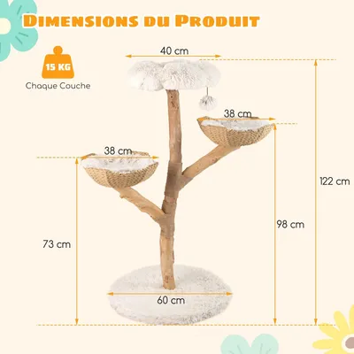 Giantex Arbre a Chat Bois massif, 2 paniers en rotin, boule suspendue