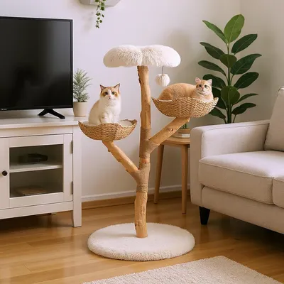 Giantex Arbre a Chat Bois massif, 2 paniers en rotin, boule suspendue