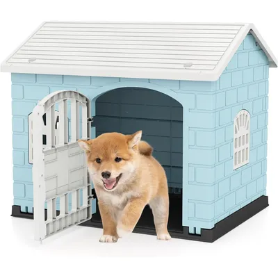 Giantex Hundehütte Für Den Außenbereich, Tür, 3 Fenster, Schräges Dach