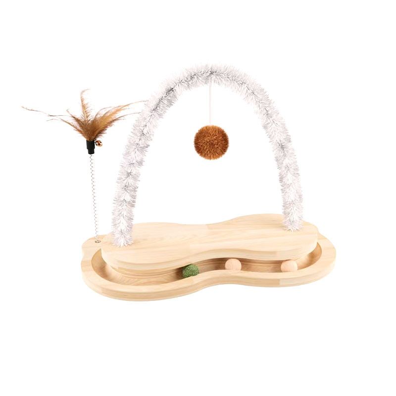 Griffoir en bois pour chat avec piste à billes rotative, jouet interactif
