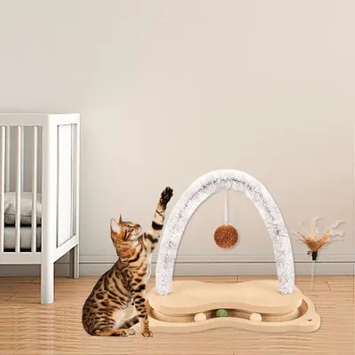 Griffoir en bois pour chat avec piste à billes rotative, jouet interactif