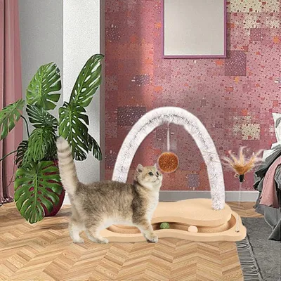 Griffoir en bois pour chat avec piste à billes rotative, jouet interactif