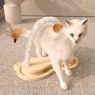 Griffoir en bois pour chat avec piste à billes rotative, jouet interactif