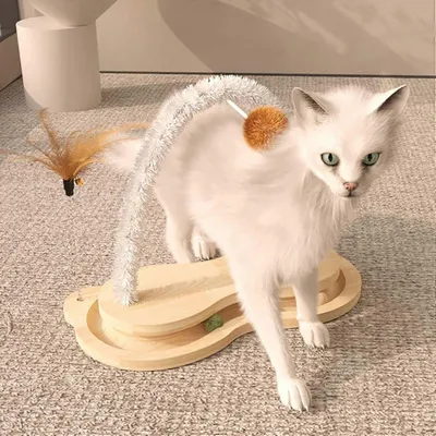 Griffoir en bois pour chat avec piste à billes rotative, jouet interactif