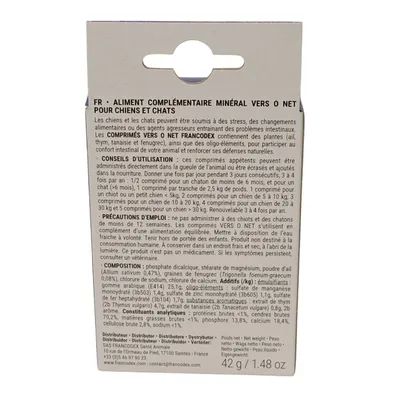 Vers O Net 60 comprimés Confort Intestinal Pour chiens et Chats Vers O Net 60 comprimés Confort Intestinal Pour chiens et Chats