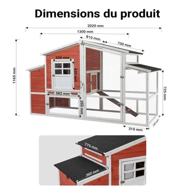 Wiltec Poulailler XXL avec Nichoir et Abri spacieux – 2010 x 813 x 1165 mm