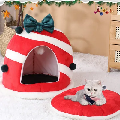 Qinhul Maison de Noël en peluche pour chat et chien
