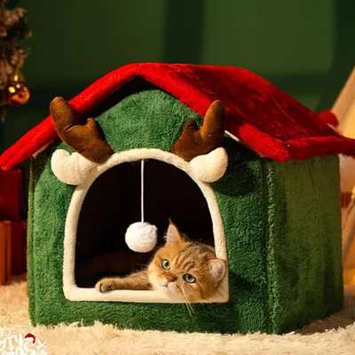 Qinhul Maison de chat de Noël chaleureuse et hivernale