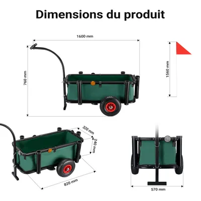 Chariot de pêche Vert Noir 1600 x 500 x 800 mm Charge 50 kg Remorque de Vél