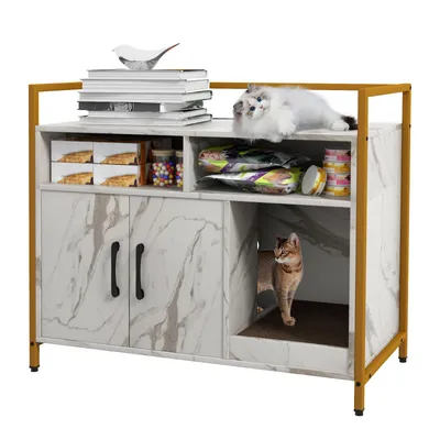 Giantex Meuble Litiere Chat,2 Portes,2 Compartiments Ouvertes,Plateau Grand