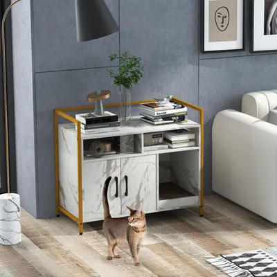 Giantex Meuble Litiere Chat,2 Portes,2 Compartiments Ouvertes,Plateau Grand