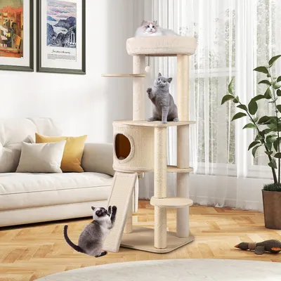 Giantex Arbre à Chat 143 CM,6 Plateformes,Échelle,4 Griffoirs Sisal,Balle