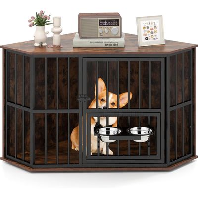 Giantex Cage pour Chien Intérieur,Porte en Métal,Plateau en Bois,2 Bol