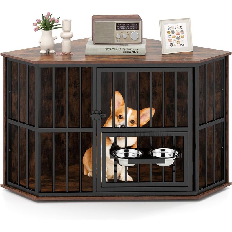 Giantex Cage pour Chien Intérieur,Porte en Métal,Plateau en Bois,2 Bol