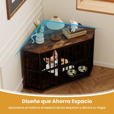 GIANTEX Caja para perro interior,Puerta en metal,Madera,2 Bol GIANTEX Caja para perro interior,Puerta en metal,Madera,2 Bol