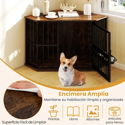 GIANTEX Caja para perro interior,Puerta en metal,Madera,2 Bol