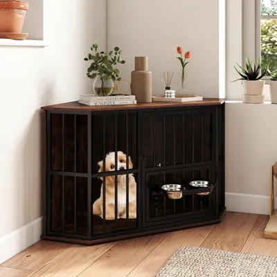 Giantex Cage pour Chien Intérieur,Porte en Métal,Plateau en Bois,2 Bol
