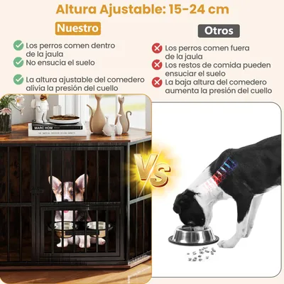 GIANTEX Caja para perro interior,Puerta en metal,Madera,2 Bol