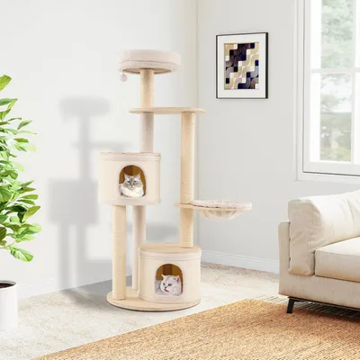 Giantex Arbre à Chat en Bois 152 CM,6 Plateformes,2 Niches à Housse,Hamac