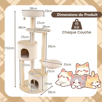 Giantex Arbre à Chat en Bois 152 CM,6 Plateformes,2 Niches à Housse,Hamac