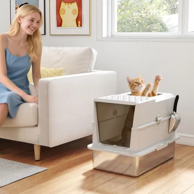 Bac à litière pour chat fermé en acier inoxydable Bac à litière pour chat fermé en acier inoxydable